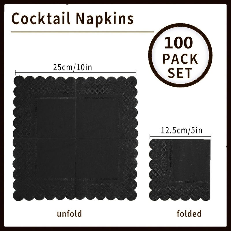 BEFORYOU 100 Pack Cocktail Napkin 2-Ply Scalloped Edged Dessert Napkins Folded 5 x 5 Inches Disposable Napkins for Dinner Wedding Birthday Party Bridal Anniversary Reception Event (Black) - Image 2